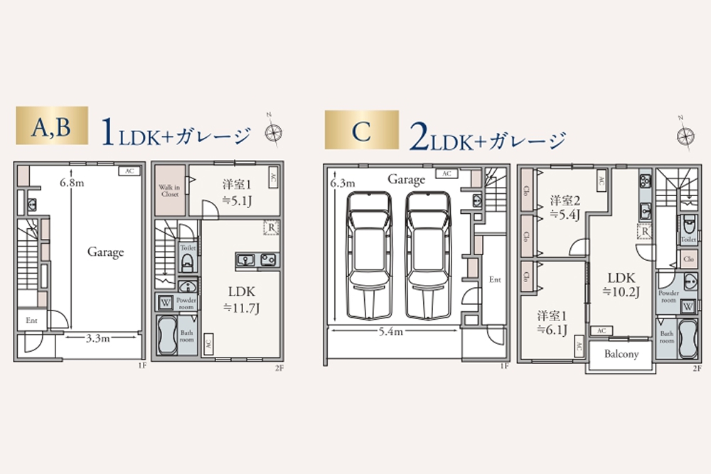 A・B室は1LDK、C室は2LDK loading=